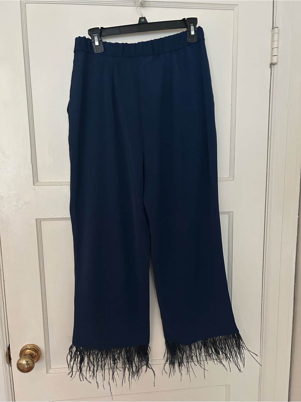 Wayf Navy Wide-Leg Pants with Feather Trim